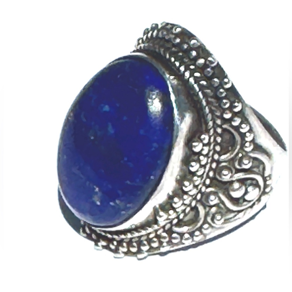 Large Lapis Lazuli 925 Sterling Silver Ring Ornate Turkish Size 6 Cab 1/2 x 3/4”